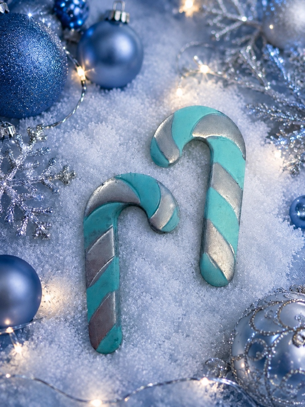 Holiday Candy Cane Handmade Polymer Clay Earrings - Teal and Silver
